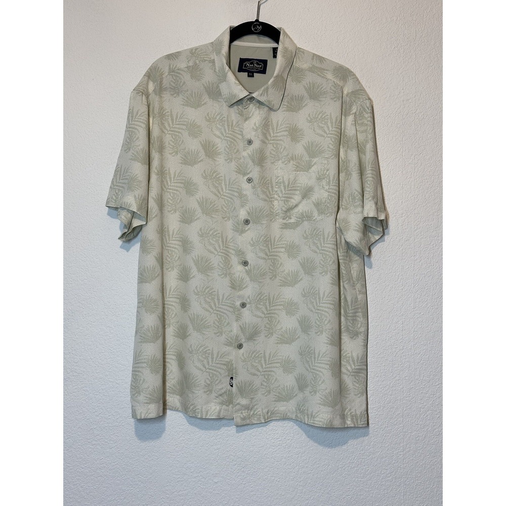 Nat Nast Mens‎ XL Silk Blend Short Sleeve Button Front Shirt Ivory Green Travel